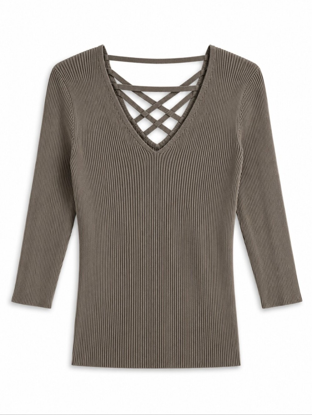Le Chateau Ribbed Crisscross V-Neck Sweater Olive Green 3/4 Sleeve Size XXL